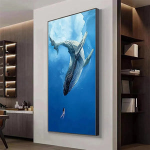 Majestic Whale and Diver Painting, Vertical Wall Art by Ethan Walker. Blue ocean art, framed, nature-inspired decor for home.