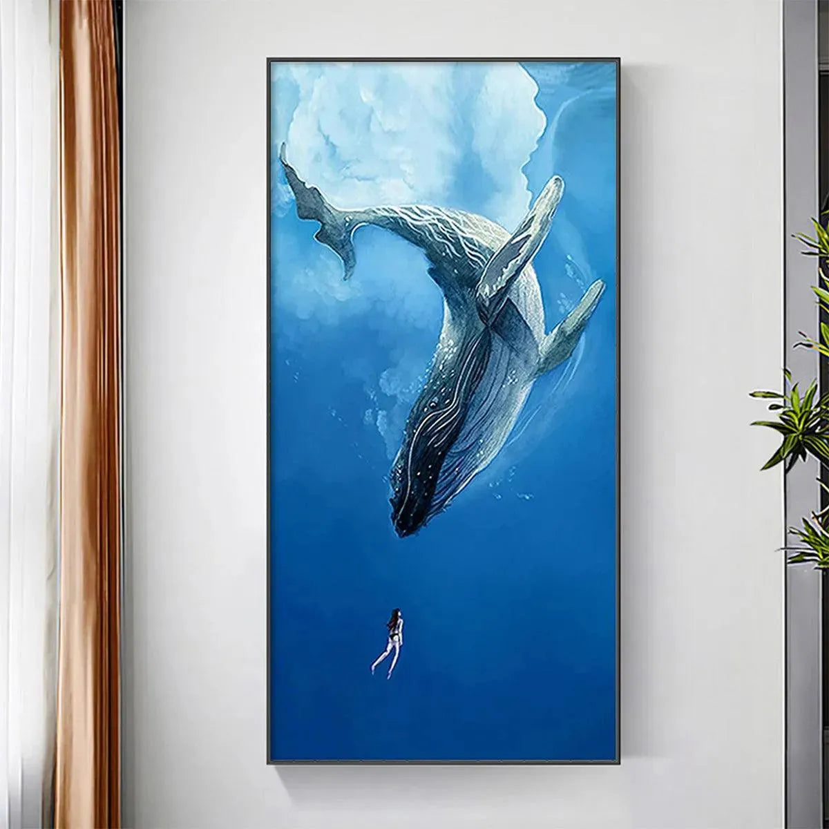 Ethan Walker's vertical art: Majestic whale and diver in blue ocean, framed wall art, nature-inspired decor.