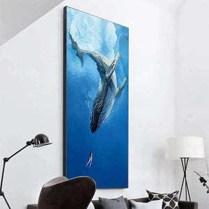Whale Encounter vertical art by Ethan Walker: whale and diver in blue ocean, framed wall art, nature-inspired decor.