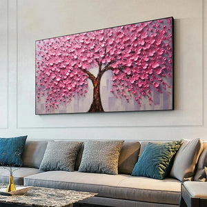 Pink Blossom Abundance painting by Elodie Dubois: Textured cherry blossom tree with pink impasto petals, horizontal wall art.