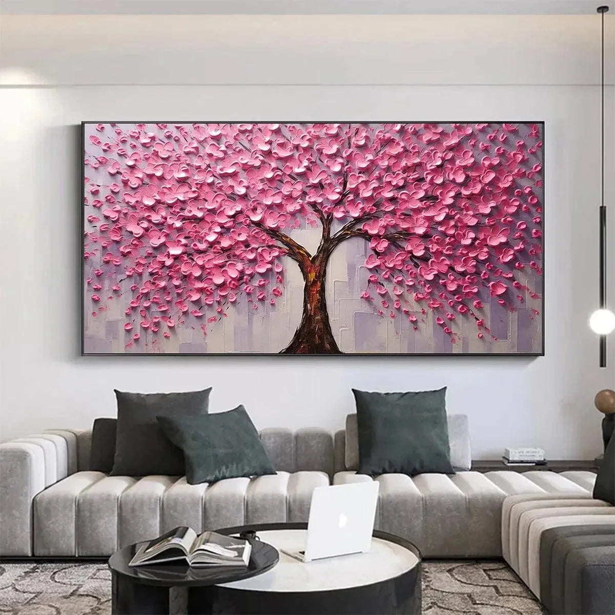 Pink Blossom Abundance: Textured cherry blossom painting with pink petals on grey, modern wall art.