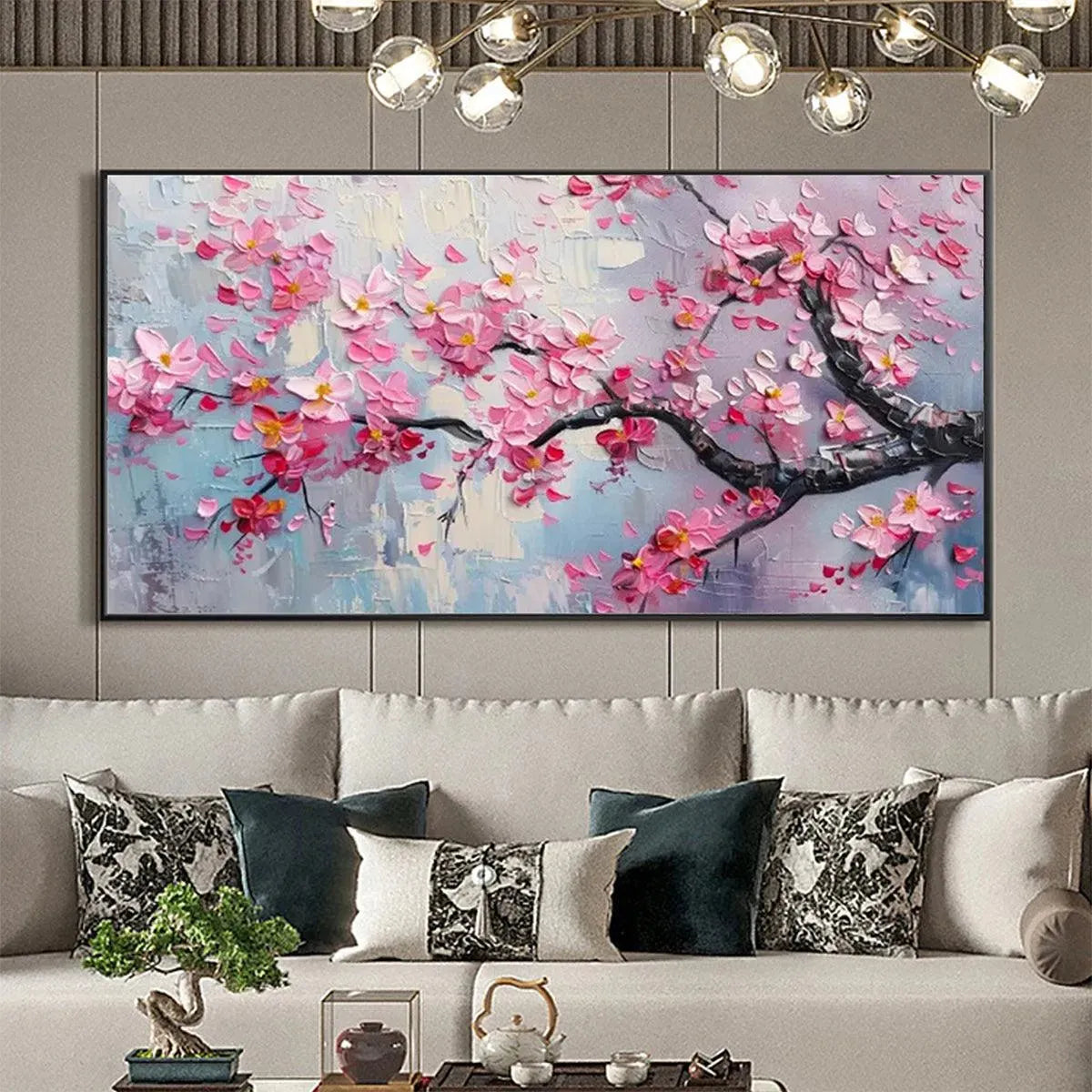 Springtime Serenade painting by Elodie Dubois, textured cherry blossom art in pink and blue tones, framed wall art.
