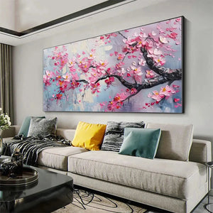 Springtime Serenade textured cherry blossom painting, horizontal wall art in a modern living room setting, by Elodie Dubois