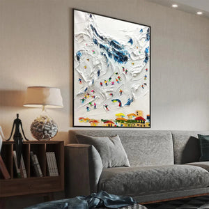 ALPINE SKI DAY art by Chak Yu Lam: textured ski scene with colorful skiers on snowy mountain slope, vertical wall art.