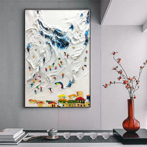 Alpine Ski Day painting by Chak Yu Lam: Textured ski scene with colorful skiers on a snowy mountain slope, vertical wall art.