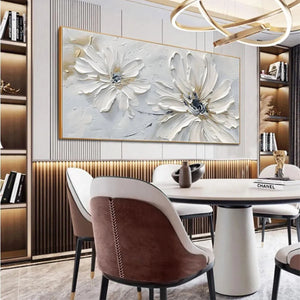 Elodie Dubois White Blossom Serenity painting, textured white floral art, modern wall decor, gold frame, horizontal artwork