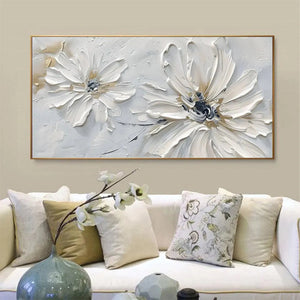 White Blossom Serenity by Elodie Dubois, textured white floral art, framed painting, modern wall decor, bedroom aesthetic.
