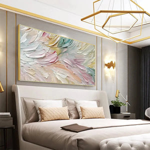 Pastel Dream by Isabella Rossi: Textured pastel abstract painting in bedroom, impasto technique, modern wall art.