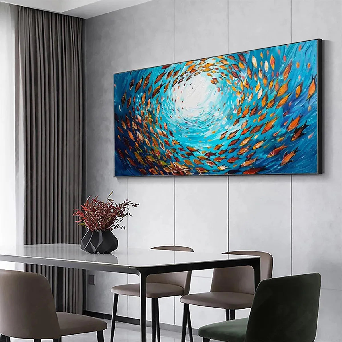 Oceanic Whirl artwork by Chak Yu Lam, swirling school of fish in blues and oranges, horizontal wall art for home decor.