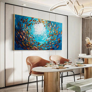 Oceanic Whirl painting by Chak Yu Lam, horizontal framed artwork with swirling school of fish, blue and orange, home decor.