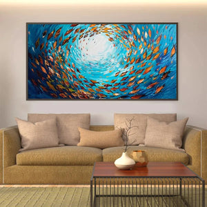 OCEANIC WHIRL painting, Chak Yu Lam art, framed horizontal artwork with school of fish in blues and oranges, home decor.