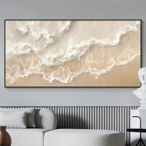 Sandy Whispers minimalist beach waves painting by Liam O'Connell, horizontal framed wall art with white waves and beige sand.