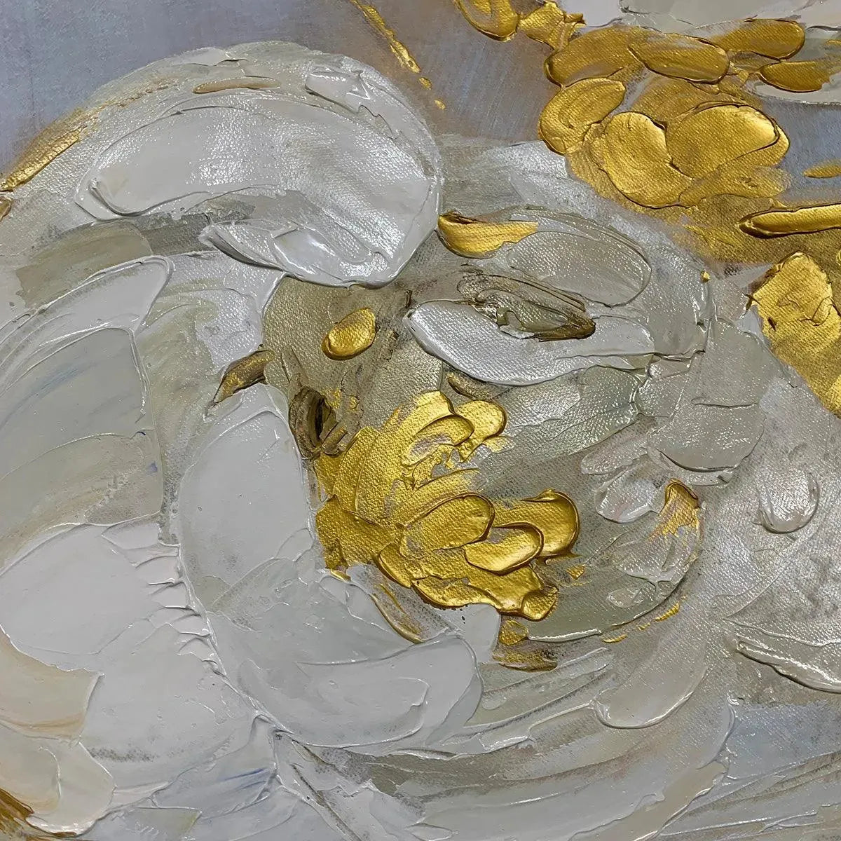 GOLDEN WHISPERS: White Floral Painting with Gold Accents, Panoramic Canvas, Elegant Wall Art for Living Room or Bedroom