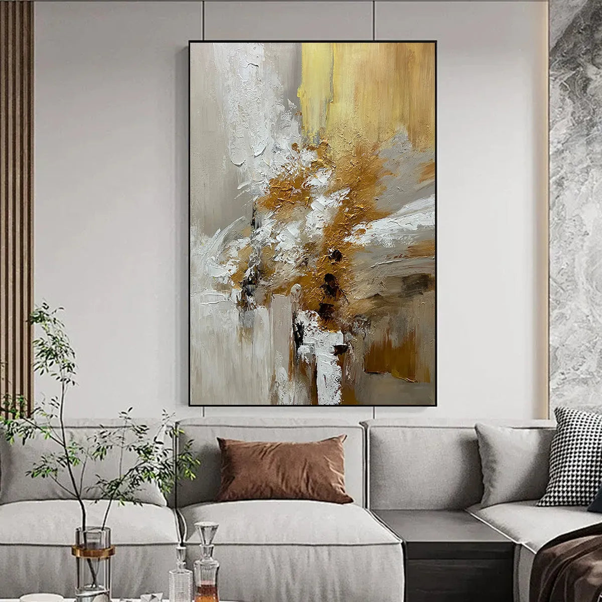 GOLDEN WHISPERS: Textured Abstract Painting in Beige, White, and Gold