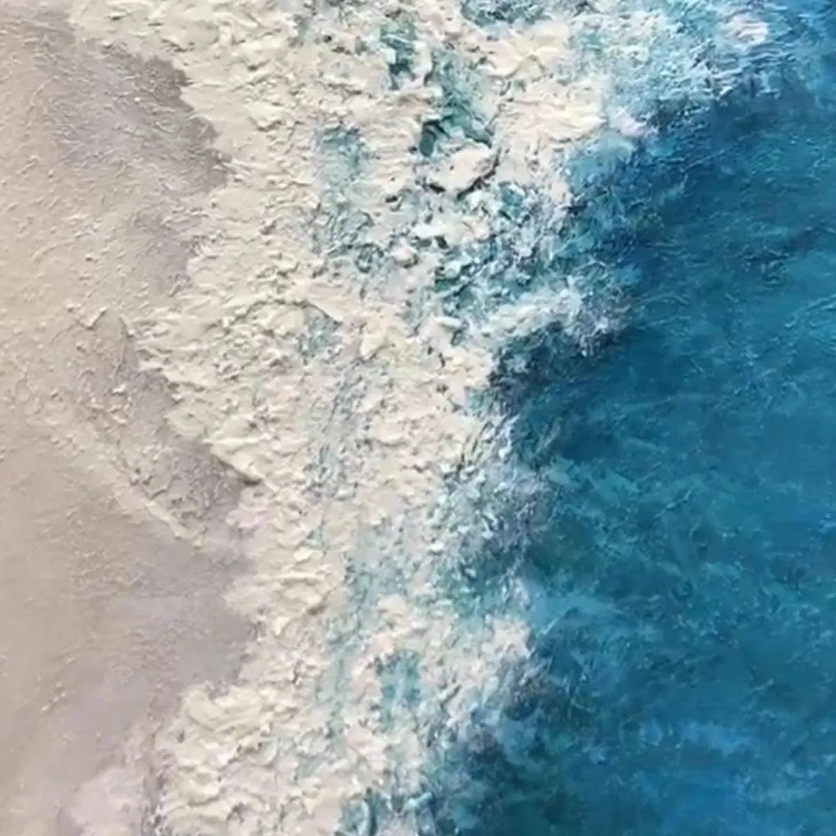 Original textured abstract painting: crashing ocean waves in deep blue, turquoise, and sandy beige shore. Coastal living room art.