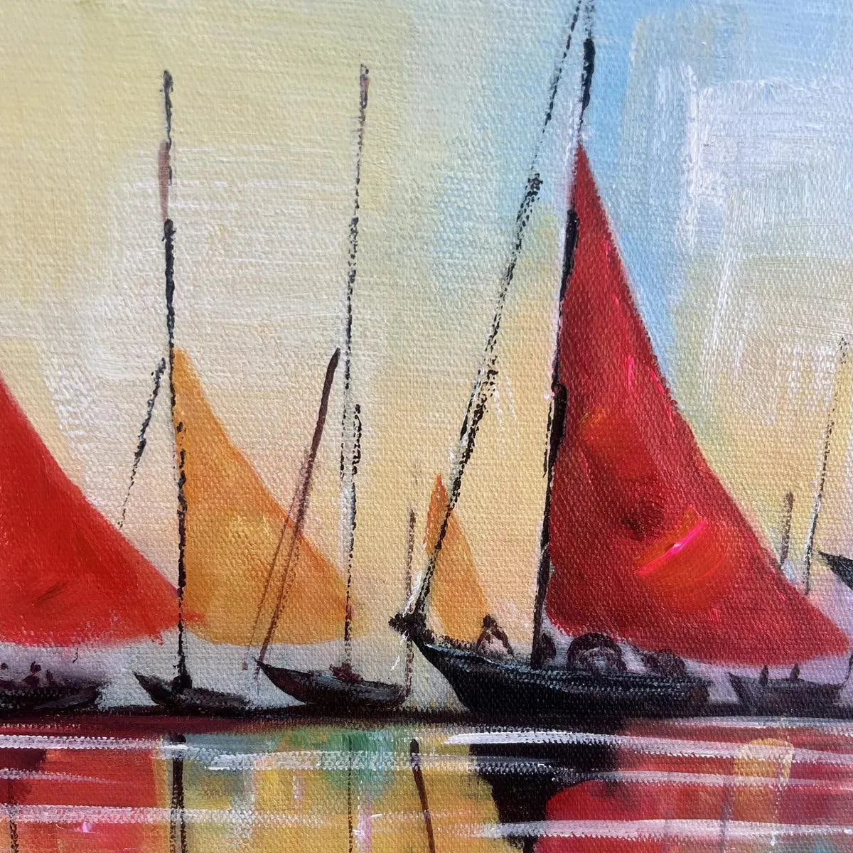 REGATTA: Colorful Sailboats Painting, Blue and Orange Wall Art, Horizontal Canvas, Coastal Decor