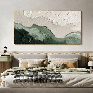 Sage River green & white abstract impasto artwork scaled over a modern upholstered bed in a contemporary bedroom.