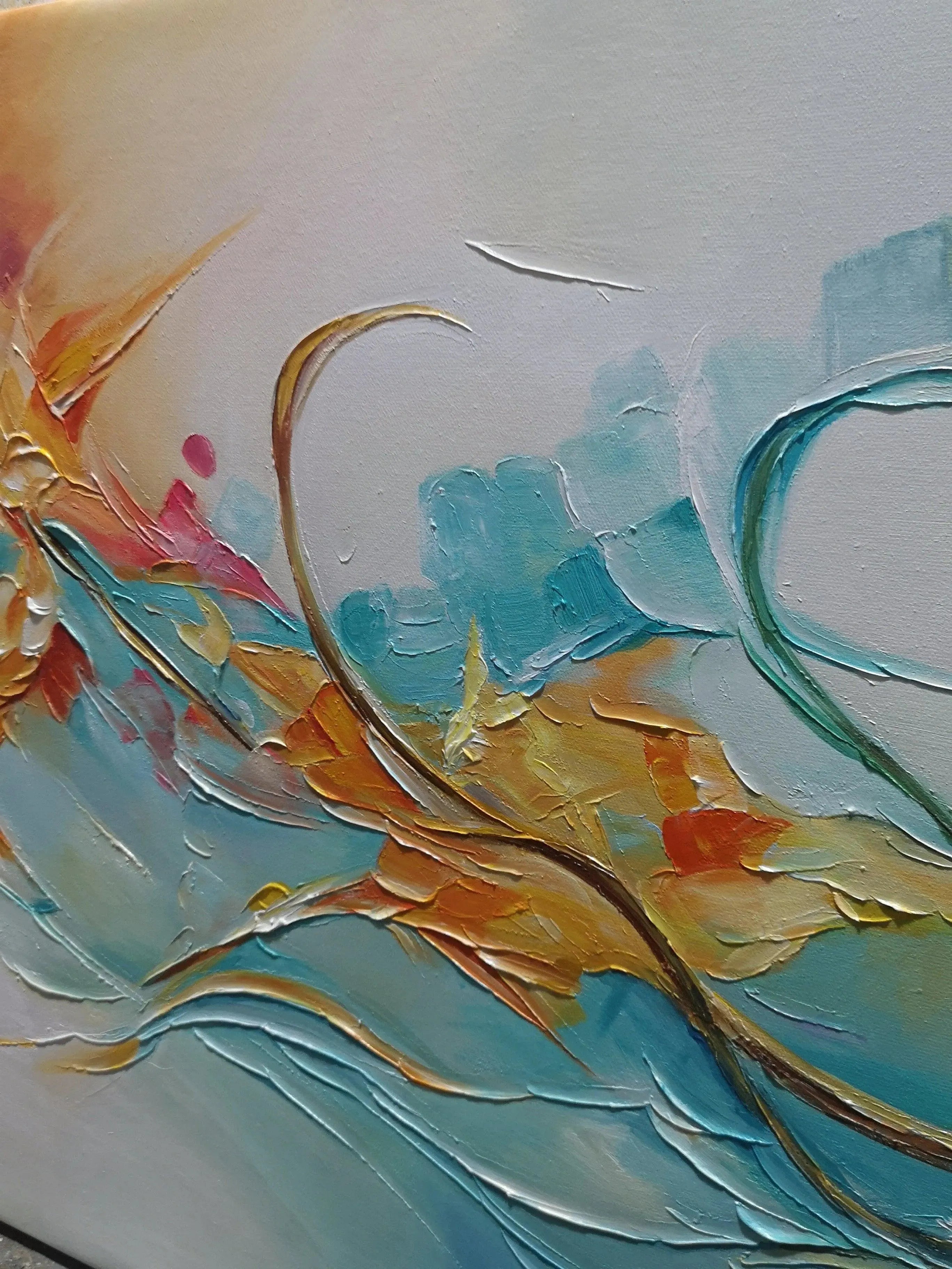SERENE DAWN: Panoramic Abstract Teal and Gold Oil Painting