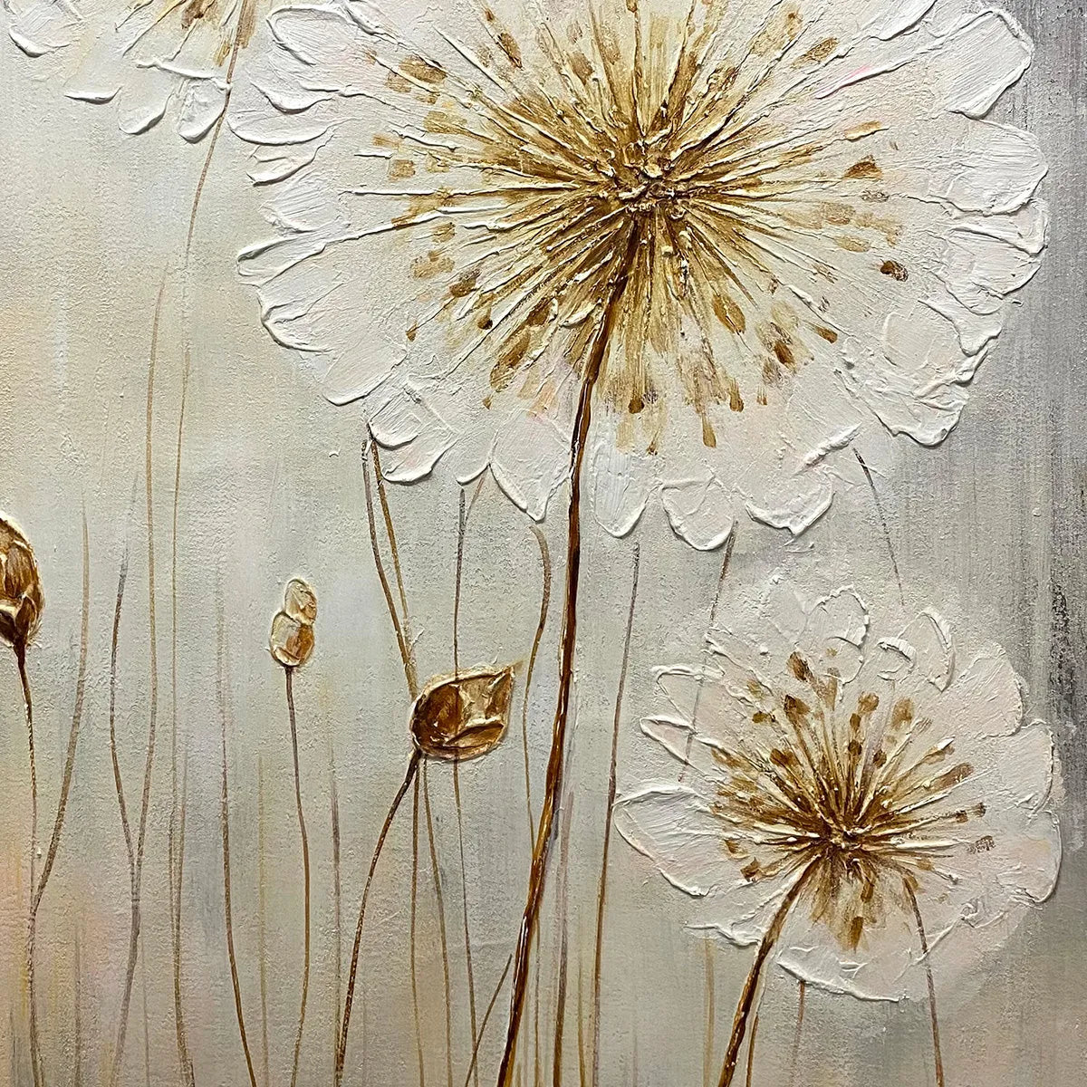 WHISPERS OF GOLD: Textured Dandelion Painting on Vertical Canvas