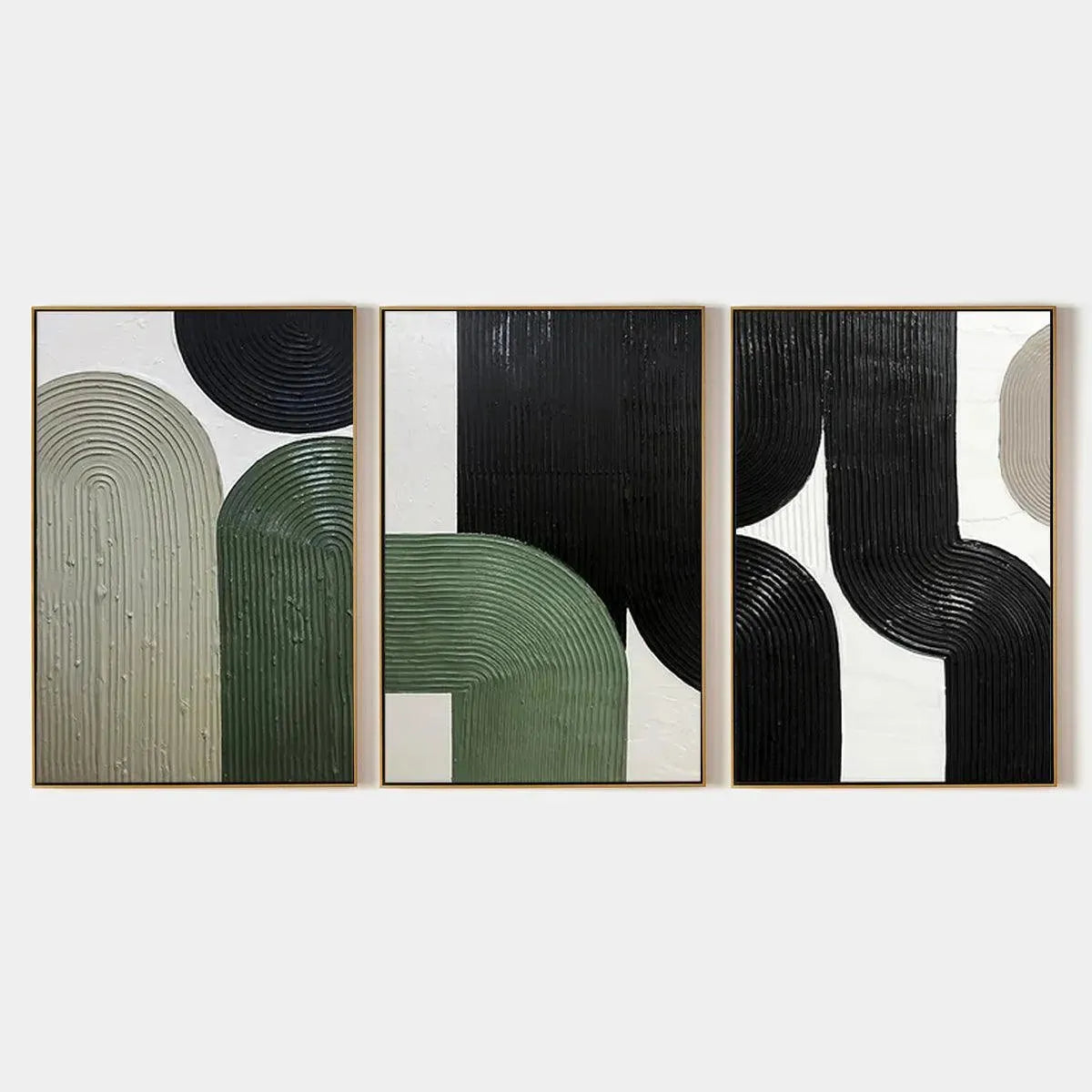 ARCHES TRIPTYCH textured abstract painting set of 3 featuring minimalist arches in green, black and beige with gold frames.