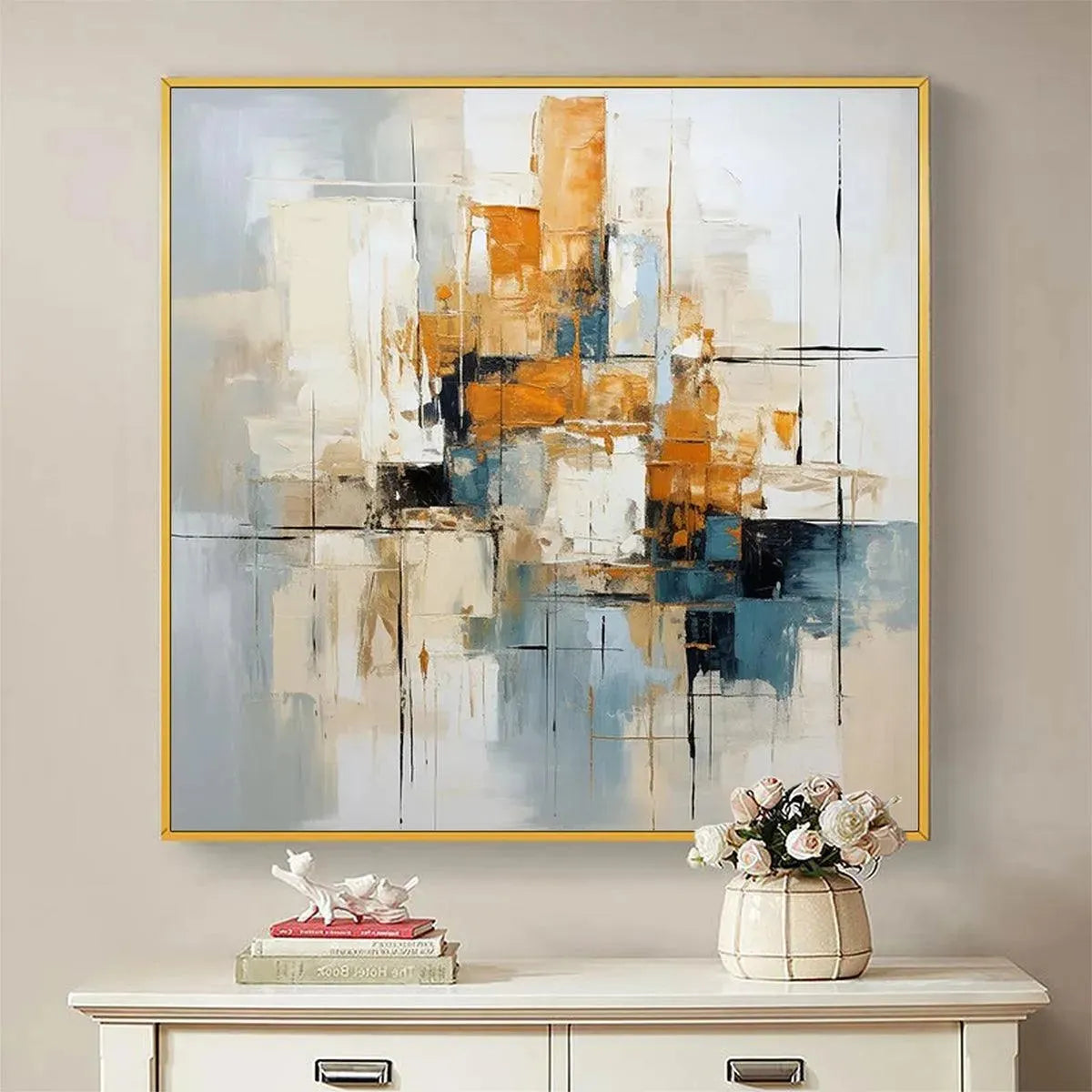 Javier Ramirez abstract cityscape painting. Textured geometric art with orange, blue, and white. Square framed artwork.