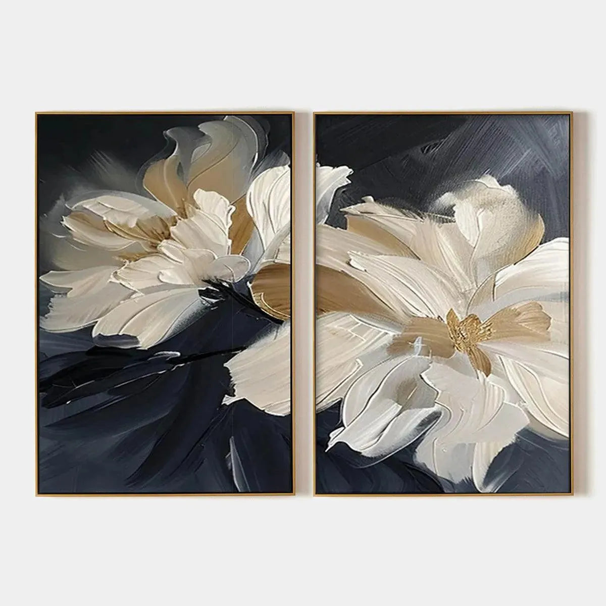 Textured abstract floral diptych paintings with white and gold impasto petals on a dark background.