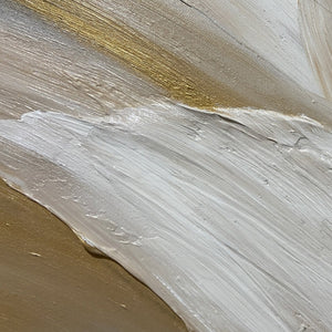 Textured abstract floral diptych paintings with white and gold impasto petals on a dark background.