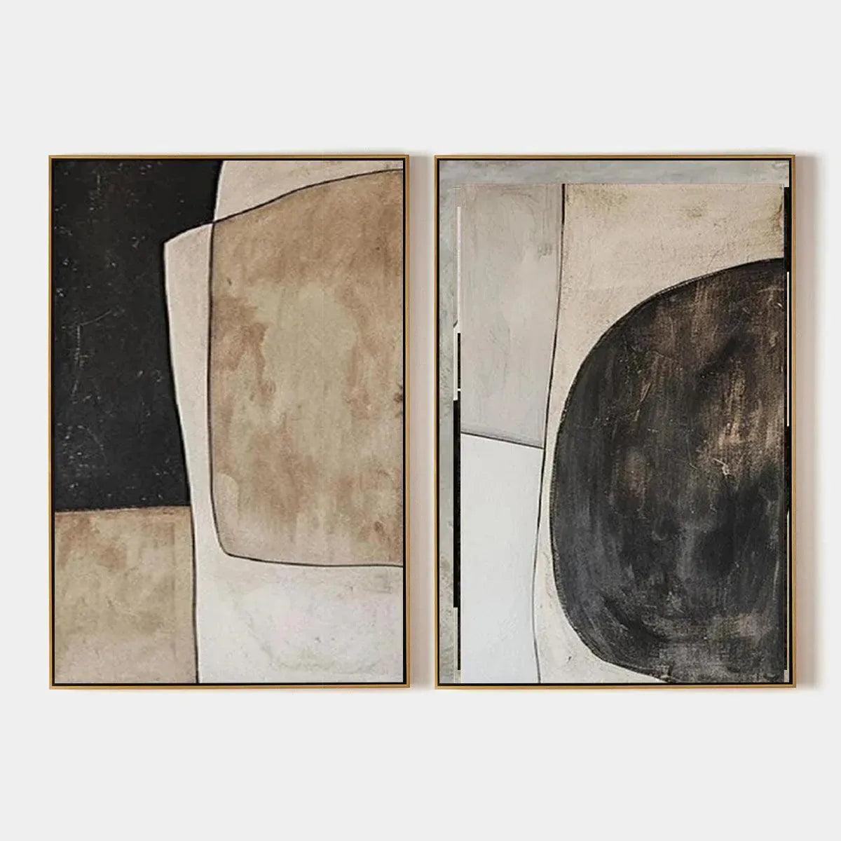 Abstract geometric diptych wall art set in earthy tones, black, beige, and brown with gold frames.