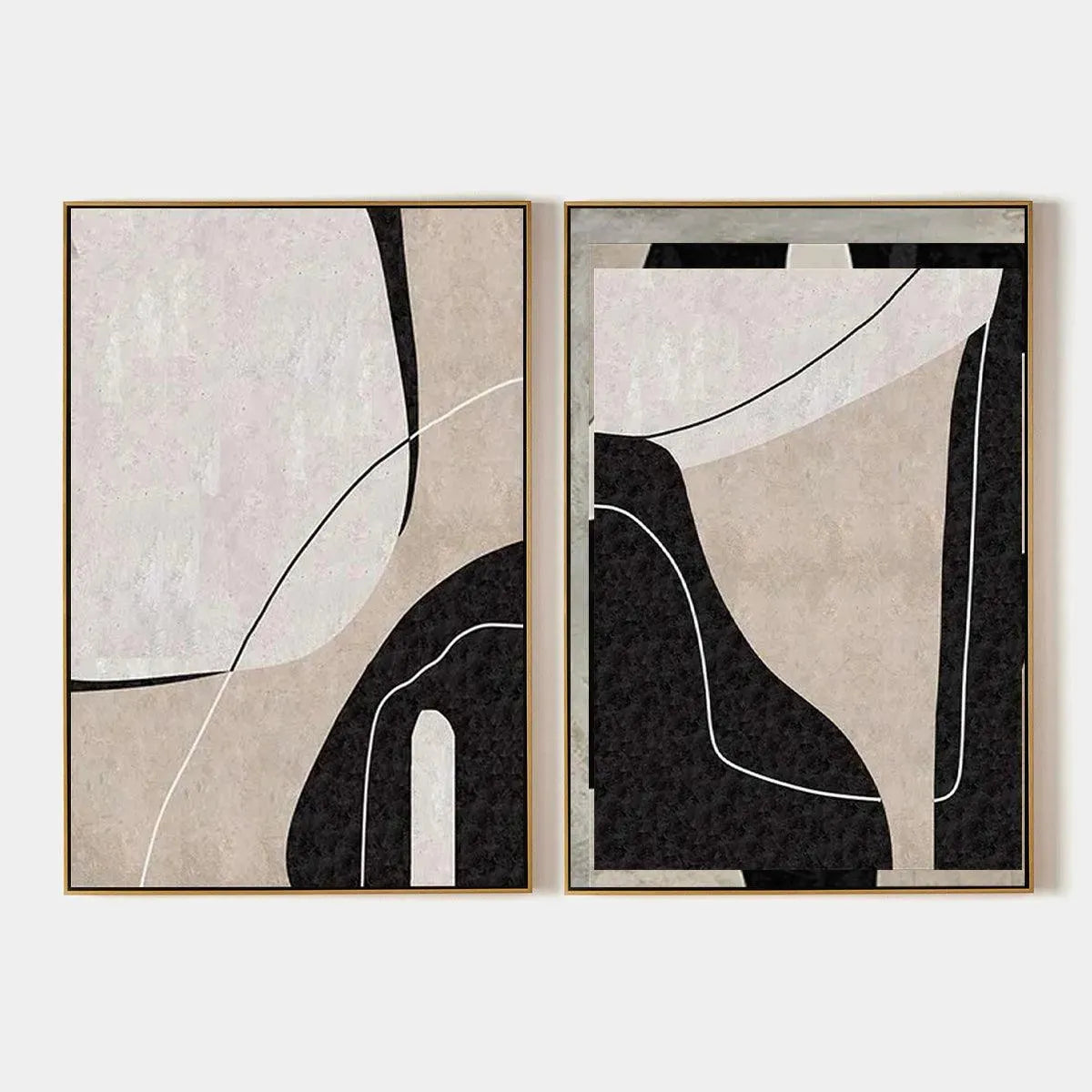 Abstract minimalist diptych wall art set of 2, beige, black and white paintings with organic shapes and clean lines.