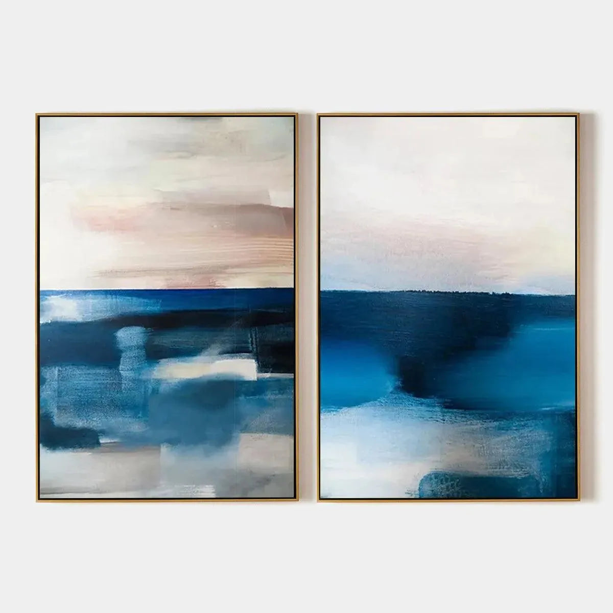 Abstract Ocean Diptych set of 2 vertical seascape paintings in blues and pinks by Willow Davies