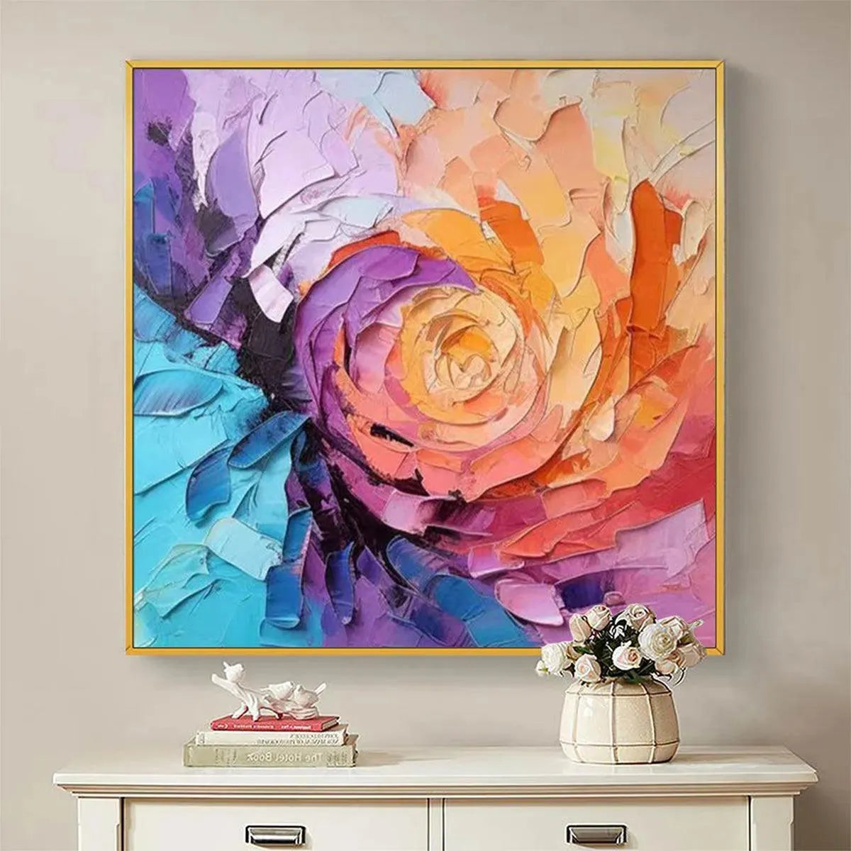 Textured Floral Painting, Impasto Wall Art, Square Canvas, Modern Decor