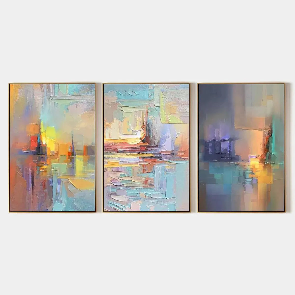 Abstract Seascape Triptych painting set by Isabella Rossi. Impasto style artwork with vibrant colors and textured strokes.