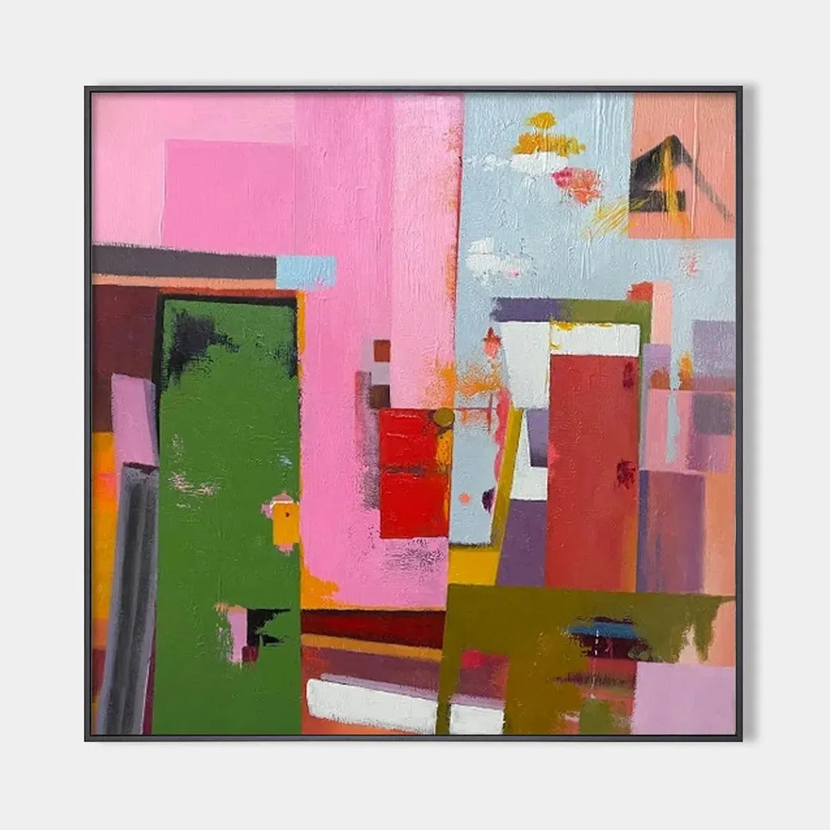 Abstract Urban Scene by Willow Davies, square wall art featuring vibrant colors and urban elements, perfect for modern decor.