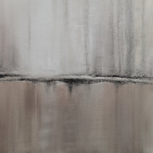 Abstract waterfall triptych: 3 minimalist paintings with beige, grey, white tones and gold frames.