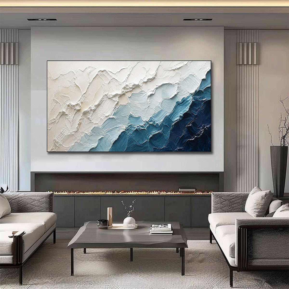 AEGEAN CREST: Textured Abstract Seascape Painting in Blue and White