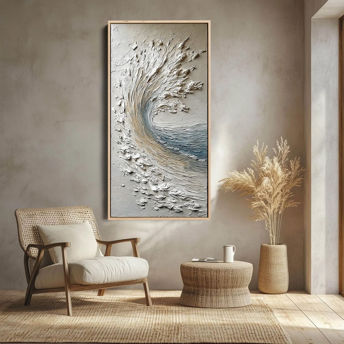 AEGEAN CREST: Vertical Textured Impasto Ocean Wave Painting