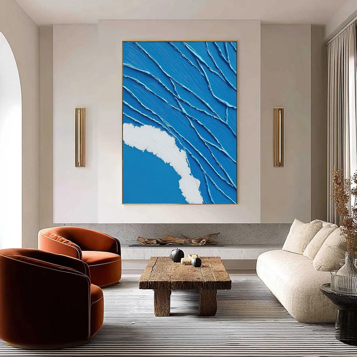 AEGEAN TIDE: Textured impasto abstract painting, rich blue with white wave detail.