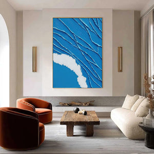 AEGEAN TIDE: Textured impasto abstract painting, rich blue with white wave detail.