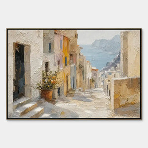 Textured Mediterranean alley oil painting with sunlit stone buildings and sea view