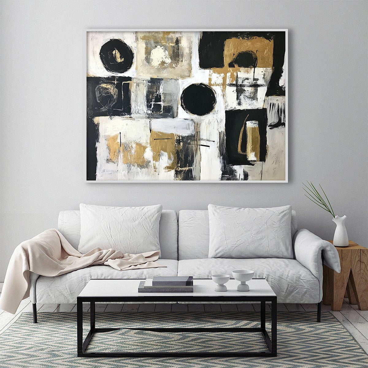 Alchemy Grid: Original Abstract Oil Painting - Black White Gold Textured Horizontal Wall Art