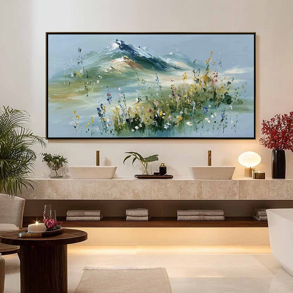 ALPINE BLOOM: Textured Palette Knife Mountain & Wildflower Landscape Painting