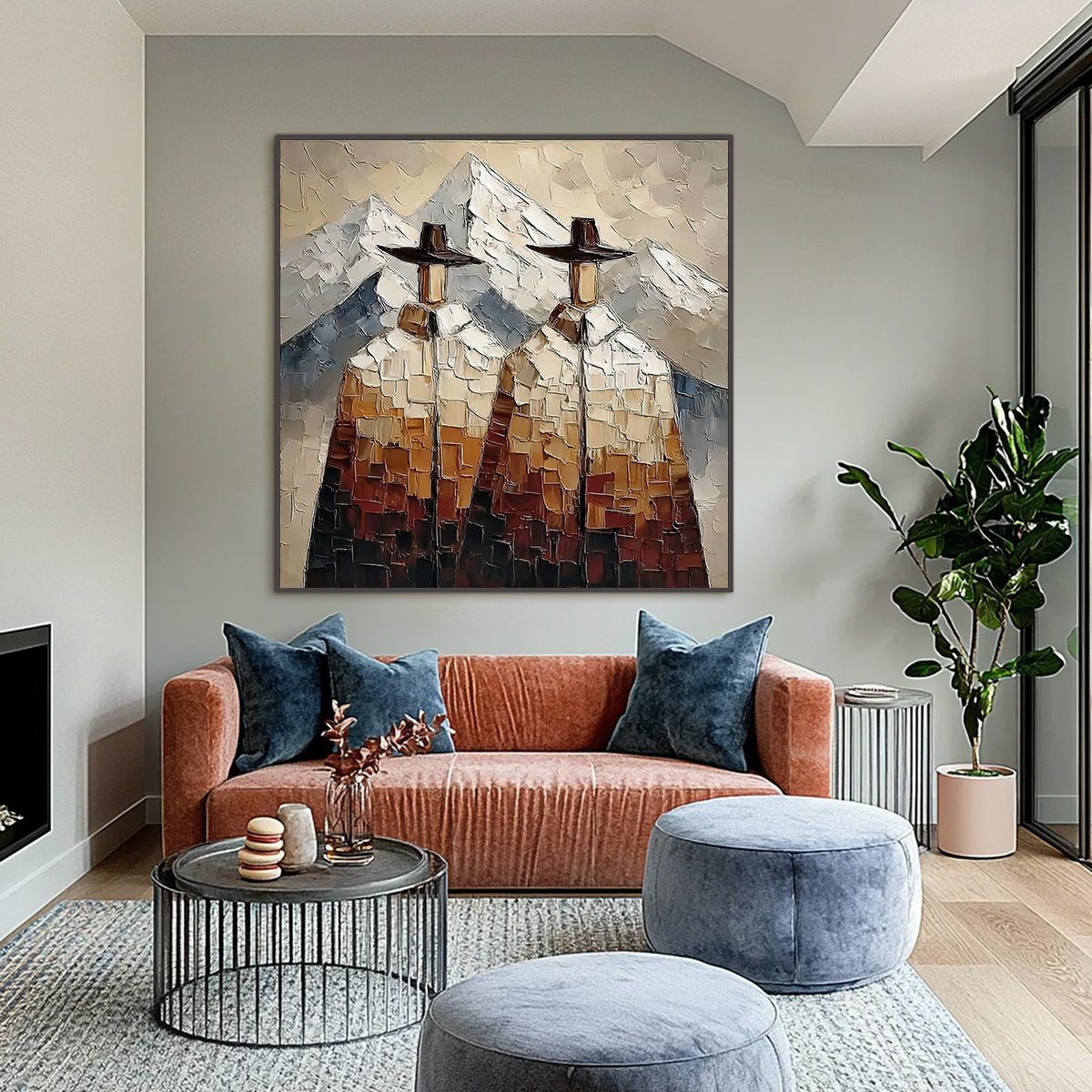 ALPINE COMPANIONS: Textured Impasto Painting of Two Figures in the Mountains