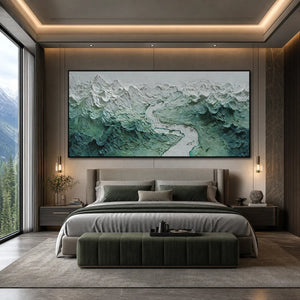 Textured impasto mountain river landscape wall art in green and white