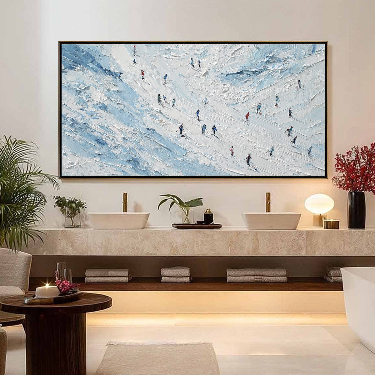 ALPINE DESCENT: Textured Impasto Painting of Skiers on a Snowy Mountain
