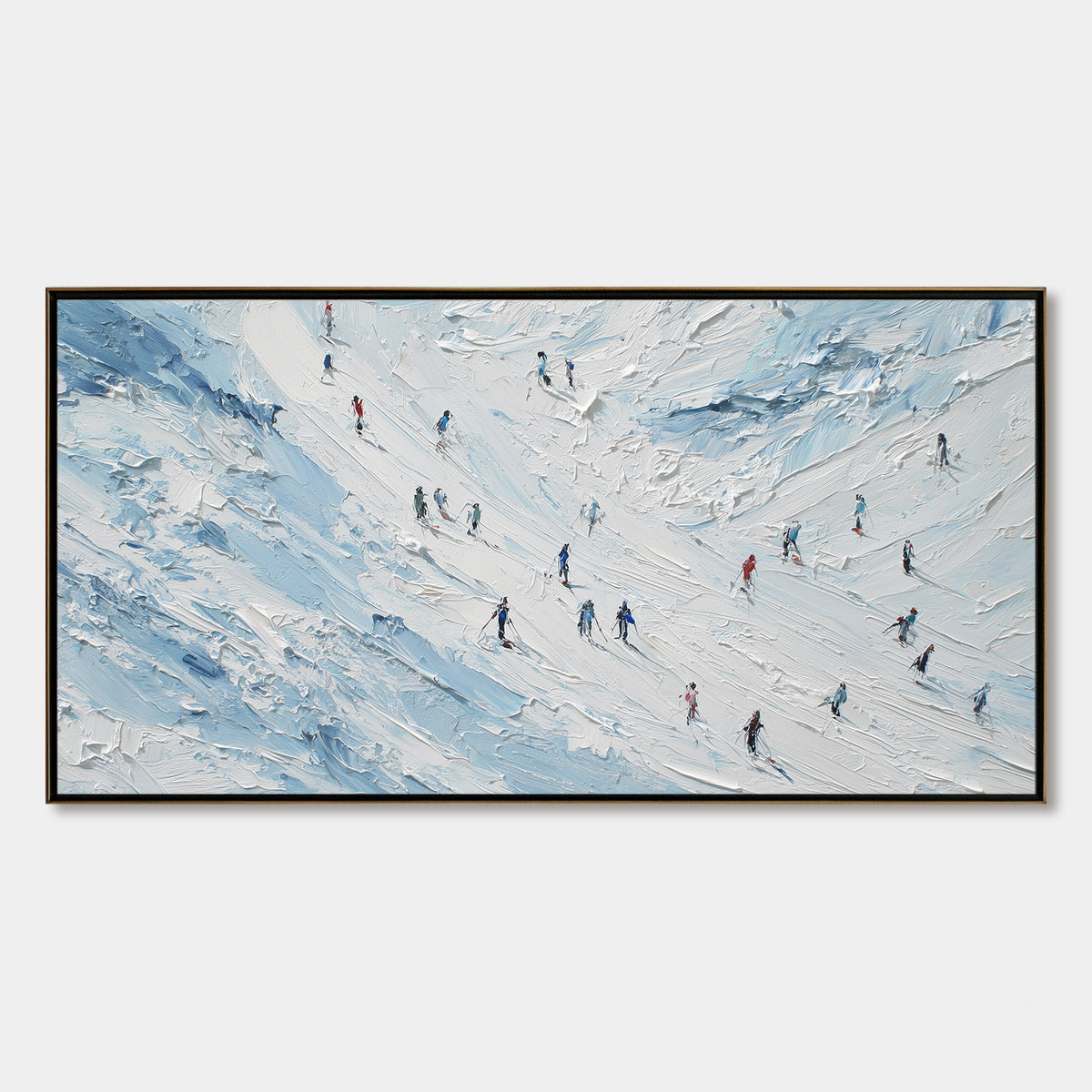 ALPINE DESCENT: Textured Impasto Painting of Skiers on a Snowy Mountain