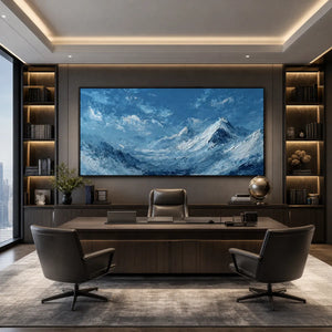 Blue textured mountain landscape painting in a modern office