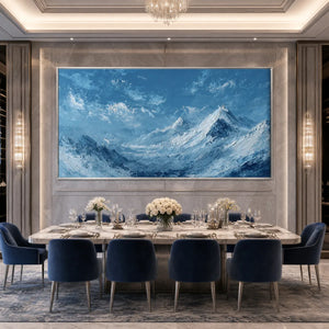 Textured blue mountain landscape oil painting in luxury dining room, modern wall art