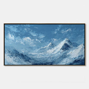 Textured impasto mountain landscape painting with blue snowy peaks and dramatic sky