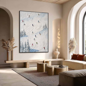 ALPINE RUSH: Heavy Texture Impasto Painting of Skiers on a Mountain Slope
