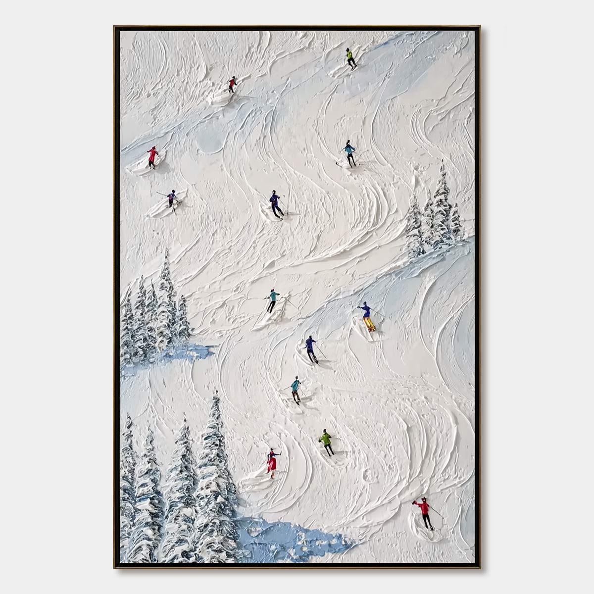 ALPINE RUSH: Heavy Texture Impasto Painting of Skiers on a Mountain Slope
